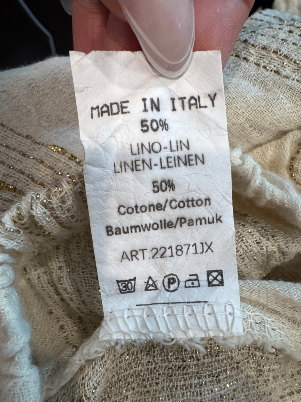 2pc Cream & Gold Cotton•Linen Blend  Top & Pant Set - Made in Italy Size Medium - Picture 6 of 7